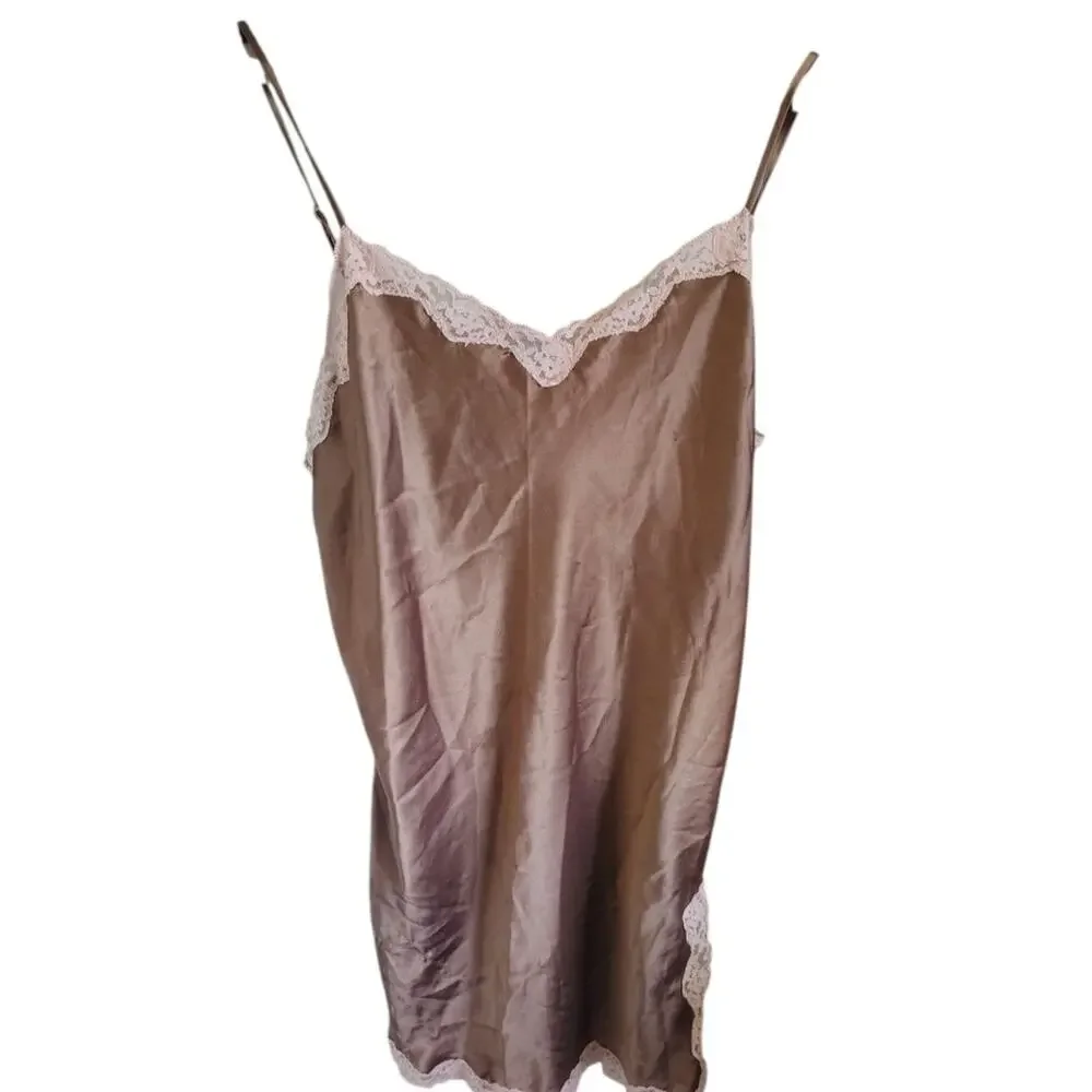 Vintage Satin Lace Trim Camisole Nightgown Slip Dress Taupe Adjustable Large